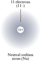 An illustration of a neutral sodium atom, Na, shows a diffuse spherical cloud containing 11 electrons, with 11 negative charges, surrounding a circle labeled 11+.