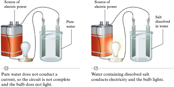 An illustration in two parts shows how pure water does not conduct a current but a salt solution does. Part “a” shows a battery as a source of electric power connected by one terminal to a light bulb which is connected to a metal strip in a beaker of water. Another metal strip in the beaker of water connects to the other terminal of the battery. Accompanying text reads: Pure water does not conduct a current, so the circuit is not complete and the bulb does not light. Part “b” shows the same setup as part “a” except that the beaker contains salt dissolved in water, and the light bulb lights.