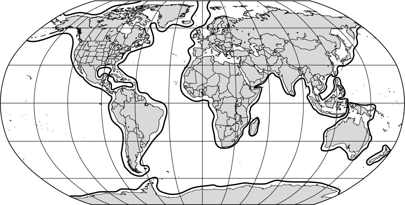 Figure 12-1: The world at the height of the last ice age. The space between the bolded lines depicts what used to be solid land.