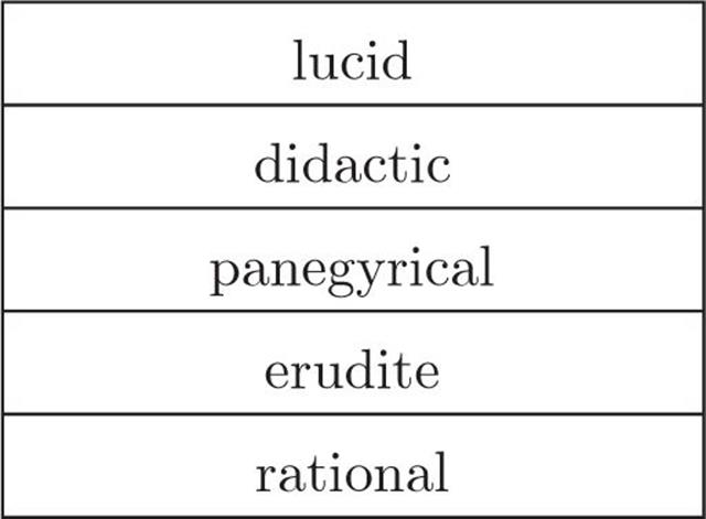 lucid, didactic, panegyrical, erudite, rational