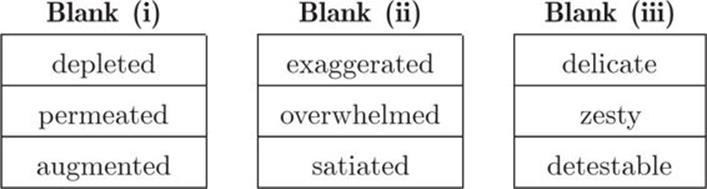 Blank (i), depleted, permeated, augmented, Blank (ii), exaggerated, overwhelmed, satiated, Blank (iii), delicate, zesty, detestable