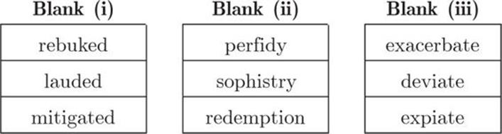 Blank (i), rebuked, lauded, mitigated, Blank (ii), perfidy, sophistry, redemption, Blank (iii), exacerbate, deviate, expiate