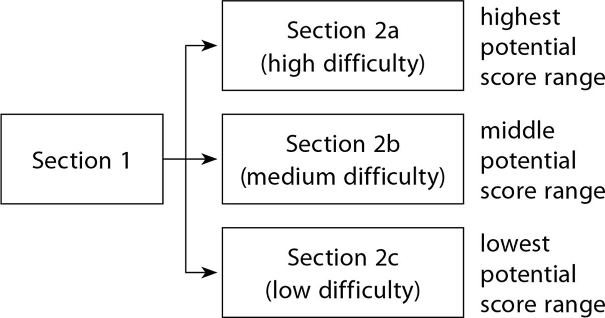 Chart showing Section 1 going to either Sections 2a, 2b or 2c. Section 2a has high difficulty, Section 2b has medium difficulty, and Section 2c has low difficulty.