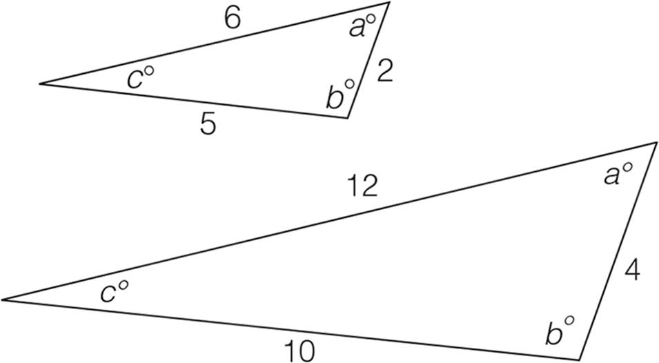 Two similar triangles. The triangle at the top has sides equal to 5, 6, and 2, and their opposite interior angles are a, b, and c degrees, respectively. The triangle at the bottom has sides equal to 10, 12, and 4, and their opposite interior angles are a, b, and c degrees, respectively.