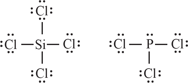 The Lewis diagrams for SiCl4 and PCl3 are drawn above. 