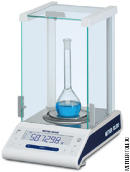 A photo shows a stoppered round-bottomed flask with a blue solution being weighed in an electronic analytical balance. The display of the balance reads 58.7298 grams.