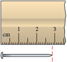 An illustration shows a small portion of a ruler. A pin is placed such that the head of the nail is exactly below the front end of the ruler, with a vertical dashed line at its end, marked between 2.8 and 2.9 centimeters on the ruler.