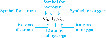 An illustration shows a molecular formula of Glucose(C subscript 6 H subscript 12 O subscript 6) where C represents “symbol for carbon”, H represents “symbol for hydrogen”, and O represents “symbol for oxygen.” Glucose contains six atoms of carbon, twelve atoms of hydrogen, and six atoms of oxygen.