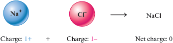 An illustration shows a sodium ion, N “a” superscript plus, with charge 1 plus, combining with a chlorine ion, C l superscript minus, charge 1 minus, to form N “a” C l with a net charge of 0.