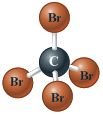 The ball and stick model shows a central carbon atom (C), represented by a black sphere, bonded to four bromine atoms (Br), represented by brown spheres each.