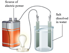 An illustration shows a battery as a source of electric power connected by one terminal to a light bulb which is connected to a metal strip in a beaker containing salt dissolved in water. Another metal strip in the beaker of salt water connects to the other terminal of the battery. The light bulb is lit.