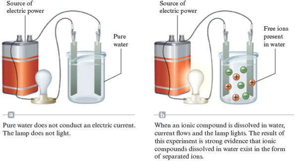 An illustration in two parts shows electrical conductivity of aqueous solutions. Part “a” shows a battery as a source of electric power connected by one terminal to a light bulb which is connected to a metal strip in a beaker of water. Another metal strip in the beaker of water connects to the other terminal of the battery. Accompanying text reads: Pure water does not conduct a current, so the circuit is not complete and the bulb does not light. Part “b” shows the same setup as part “a” except that the beaker contains free ions present in water and the light bulb lights. Accompanying text reads: When an ionic compound is dissolved in water, current flows and the lamp lights. The result of this experiment is strong evidence that ionic compounds dissolved in water exist in the form of separated ions.