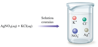 An illustration shows reaction between aqueous silver nitrate (AgNO subscript 3 superscript minus) solution and aqueous nitrate potassium chloride (KCl) solution gives a resultant solution. The resulting solution (product) contains potassium ion (K superscript plus), chloride ion (Cl superscript minus), nitrate ion (NO subscript 3 superscript minus), and silver ion (Ag superscript plus).