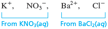 An illustration shows potassium ion (K superscript plus) and nitrate ion (NO subscript 3 superscript minus) from aqueous potassium nitrate (KNO subscript 3) solution; barium ion (Ba superscript 2 plus) and chloride ion (Cl superscript minus) from aqueous barium chloride (BaCl subscript 2) solution.