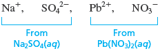 An illustration shows sodium ion (Na superscript plus) and sulfate ion (SO subscript 4 superscript 2 minus) from aqueous sodium sulfate solution (Na subscript 2 SO subscript 4); lead ion (Pb superscript 2 plus) and nitrate ion (NO subscript 3 superscript minus) from aqueous lead nitrate (Pb (NO subscript 3) of subscript 2) solution.