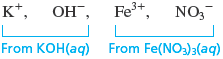 An illustration shows potassium ion (K superscript plus) and hydroxide ion (OH superscript minus) from aqueous potassium hydroxide (KOH) solution; ferric ion (Fe superscript 3 plus) and nitrate ion (NO subscript 3 superscript minus) from aqueous ferric nitrate (Fe(NO subscript 3) of subscript 3) solution.