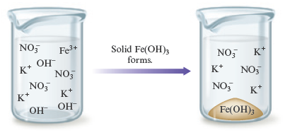 An arrow labeled “ferric hydroxide (Fe subscript (OH) of subscript 3) forms” points from a beaker containing ferric ions (Fe superscript 3 plus), potassium ions (K superscript plus), hydroxide ions (OH superscript minus), and nitrate ion (NO subscript 3 minus) to a second beaker containing potassium ions (K superscript plus), nitrate ions (NO subscript 3 minus), and ferric hydroxide (precipitate).