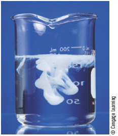 A photo shows a white precipitate forming in a beaker filled upto three-quarters with a clear solution.