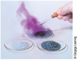 A photo shows three watch glasses filled with Al, I and AlI3. A purple smoke appears as water is added to the compound.