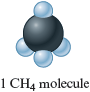 The space filling model of methane (CH subscript 4) shows a black sphere bonded to four white` spheres.
