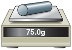 An illustration shows a metal rod placed on a balance. The balance reads 75.0 grams.