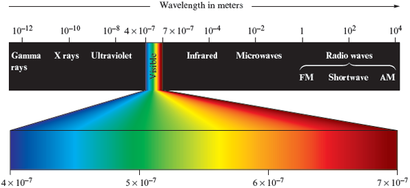 An illustration shows the classification of electromagnetic radiation by wavelength into seven regions. Going in order of increasing wavelength, the first is gamma rays. Gamma rays have wavelengths typically less than ten to the power negative twelve meters. The second radiation is X rays that have wavelengths typically ranging from ten to the power negative eight to ten to the power negative ten meters. The third radiation is ultraviolet waves. UV waves have wavelengths ranging from lower than four times ten to the power negative seven to ten to the power negative eight meters. The fourth radiation is the visible spectrum, which has wavelengths ranging from four times ten to the power negative seven to seven times ten to the power negative seven. The visible region has been zoomed in to show seven distinct colors. Going from the shortest wavelength to the longest, they are violet, indigo, blue, green, yellow, orange, and red. The fifth radiation is infrared rays. These rays have wavelengths that range from greater than seven times ten to the power negative seven to ten to the power negative four meters. The sixth radiation is microwaves, which have wavelengths ranging from ten to the power negative four meters to ten to the power negative two meters. The seventh radiation is radio waves, which have wavelengths ranging from ten to the power negative two meters to ten to the power four meters. Radio waves are further classified into FM, Short, and AM waves.