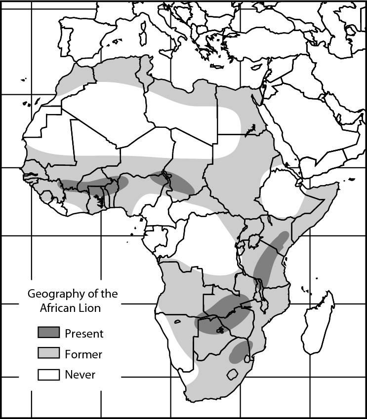 Figure 2-1: A map of the historical geography of the African lion.