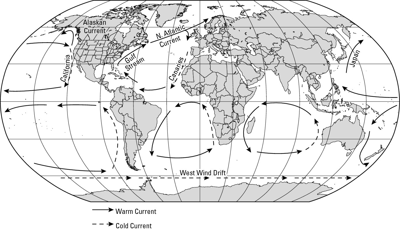 Figure 9-7: A generalized geography of ocean surface currents.