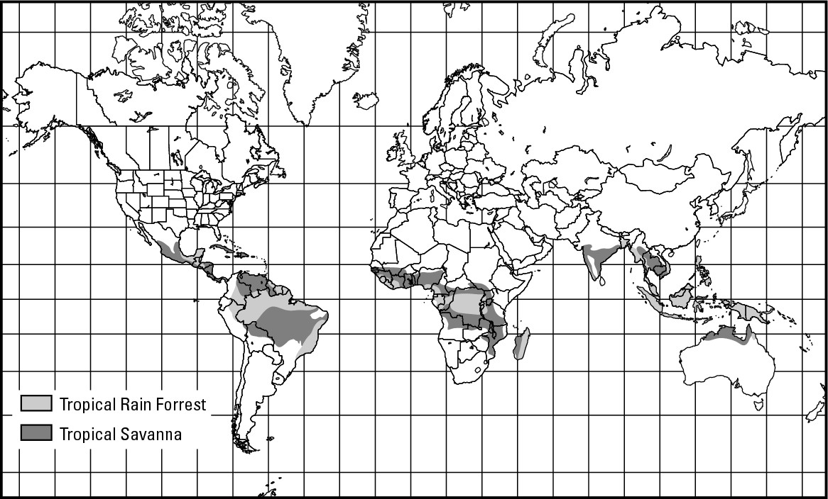 Figure 10-2: The geography of humid tropical climates.