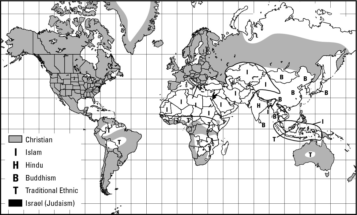 Figure 13-3: Predomi-nant religious groups around the world.