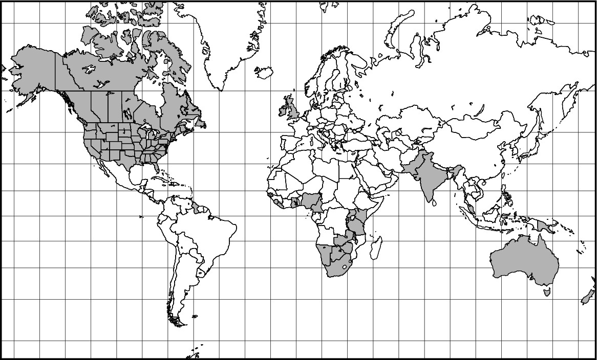 Figure 13-4: The geography of English is shown by the dark shade.