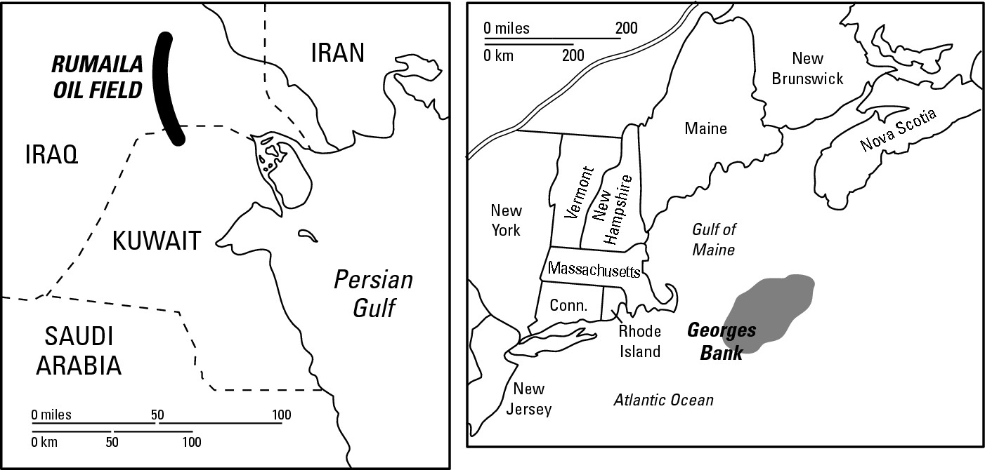 Figure 14-5 a and b: The Rumaila Oil Field and Georges Bank