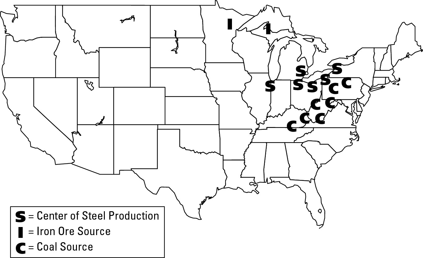 Figure 15-5: The traditional American “Manufac-turing Belt” is located close to coal fields.