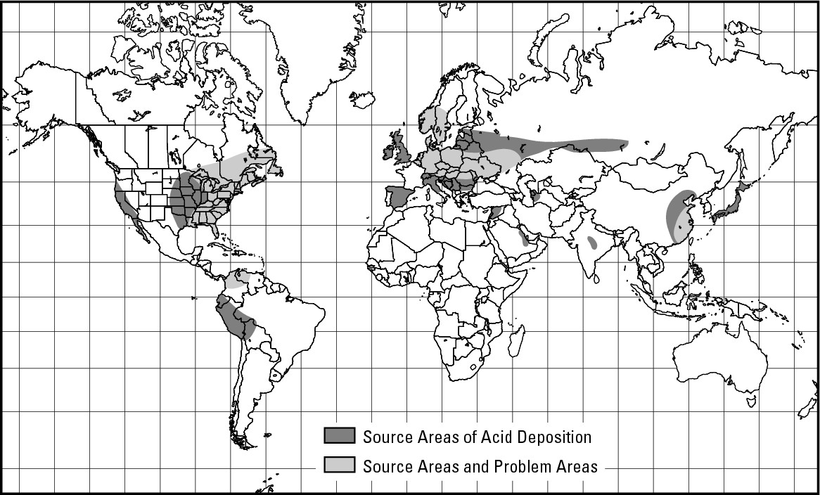 Figure 18-5: While the effects of acid rain are global, the greatest impacts are felt in regions downwind from major source areas.