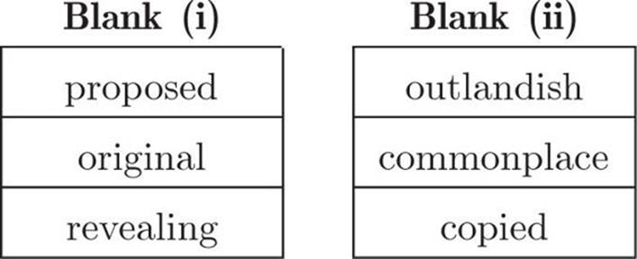 Blank (i), proposed, original, revealing, Blank (ii), outlandish, commonplace, copied