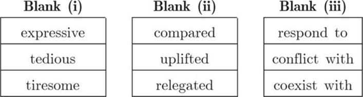 Blank (i), expressive, tedious, tiresome, Blank (ii), compared, uplifted, relegated, Blank (iii), respond to, conflict with, coexist with