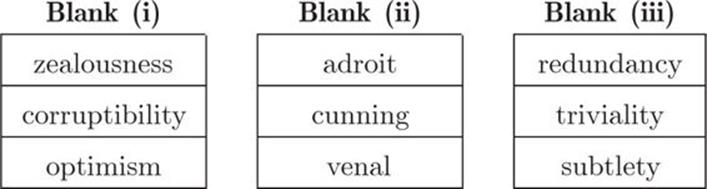 Blank (i), zealousness, corruptibility, optimism, Blank (ii), adroit, cunning, venal, Blank (iii), redundancy, triviality, subtlety