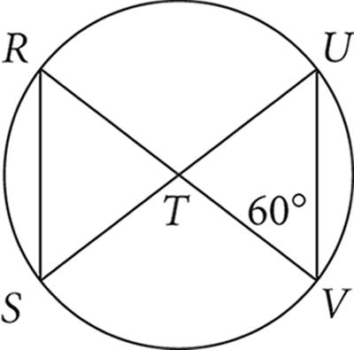 Two diameters of a circle, RV and SU, intersect at the center, at point T, forming two triangles, RST and TVU. Angle V on triangle TVU is equal to 60 degrees.