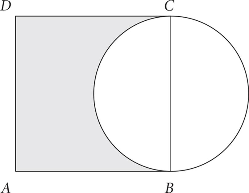 An unshaded circle and a shaded square overlap.  BC is the diameter of the circle and a side of the square.  The portion of the figure where the shapes overlap is not shaded.
