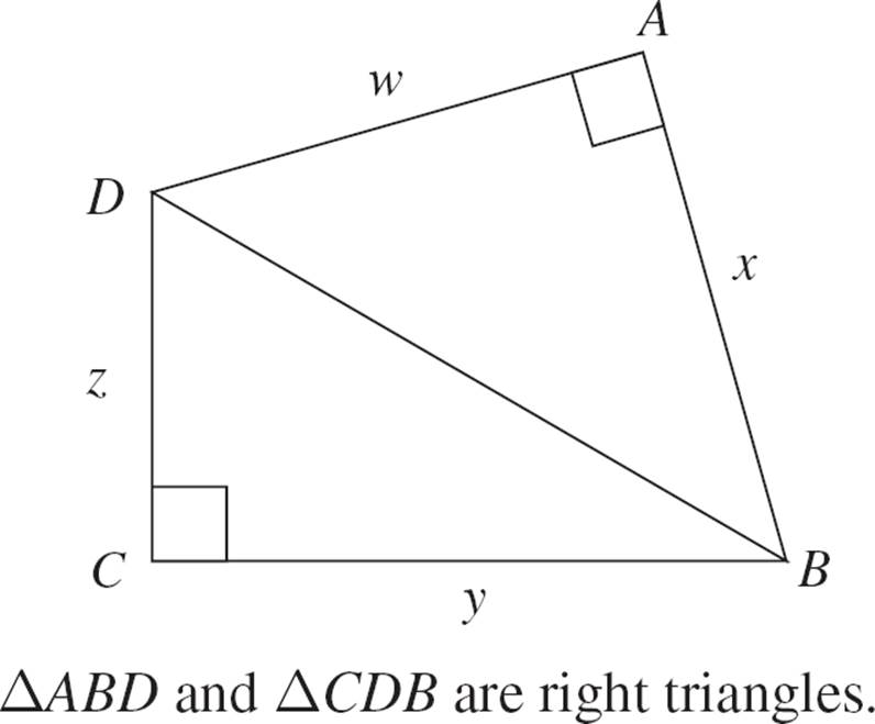 Two right triangles, CDB and ABD, share a common hypotenuse, DB. Side DC is equal to z, CB to y, AB to x, and DA to w.