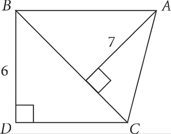 Right triangle BDC and triangle ABC, where side BC is the common side of the two triangles. A height of 7 is drawn from vertex A to a point on line BC, and side BD from right triangle BDC is equal to 6.