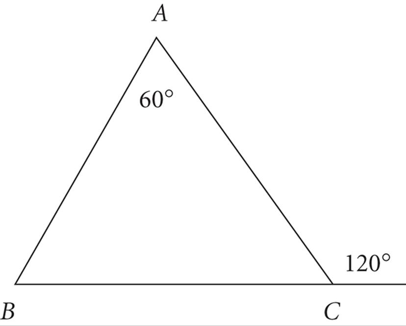 Triangle ABC, with angle A equal to 60 degrees and an exterior angle from angle C is equal to 120 degrees.