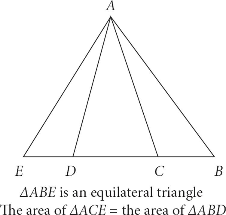 Equilateral triangle ABE is divided by two line segments drawn from vertex A, AD and AC, forming three triangles: ADE, ACD, and ABC.