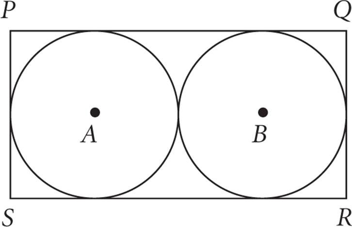 Two circles, with centers A and B, inscribed inside rectangle PQRS.  The two circles intersect one another at exactly one point.