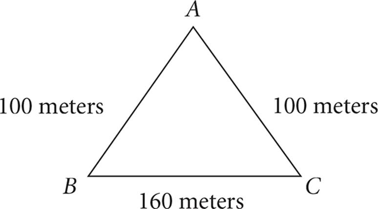 Triangle ABC with side AC equal to 100 meters, BC equal to 160 meters, and AB equal to 100 meters.