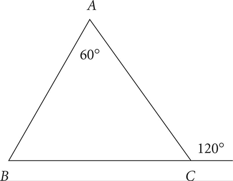Triangle ABC, with angle A equal to 60 degrees and an exterior angle from angle C is equal to 120 degrees.