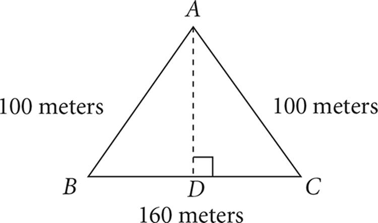 Triangle ABC with a perpendicular line, AD, drawn from vertex A to point D on side BC. Side BC is equal to 160 meters and sides AC and AB are equal to 100 meters.