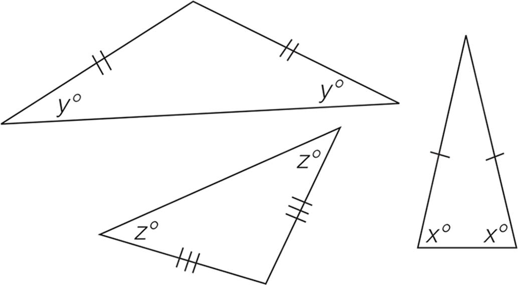 Three isosceles triangles. The triangle at the top has two equal sides, and their opposite angles are equal to y degrees. The triangle at the bottom left has two equal sides, and their opposite angles are equal to z degrees. The triangle at the right has two equal sides, and their opposite angles are equal to x degrees.