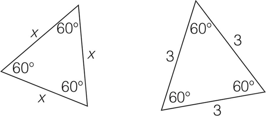 Two equilateral triangles. On the left is a triangle with all interior angles equal to 60 degrees and all sides equal to x. On the right is a triangle with all interior angles equal to 60 degrees and all sides equal to 3.