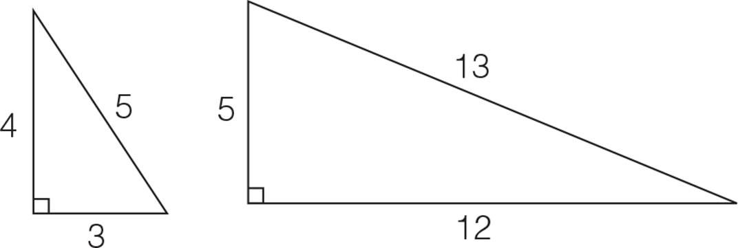Two right triangles. The triangle on the left has legs equal to 4 and 3 and hypotenuse equal to 5. The triangle on the right has legs equal to 5 and 12 and hypotenuse equal to 13.